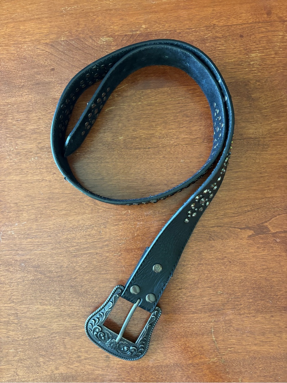 Black Leather Studded Belt w Removeable Western Buckle